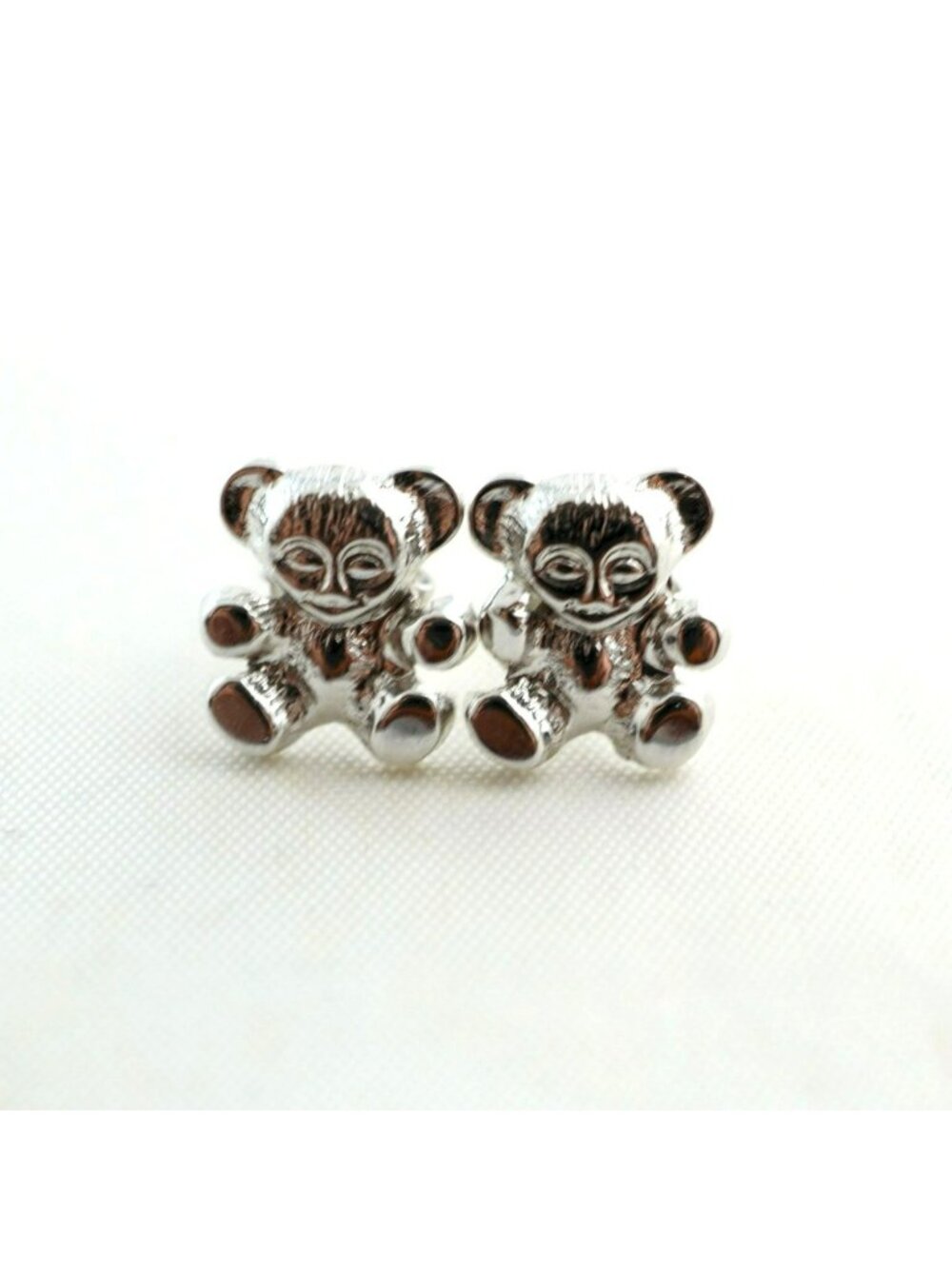 Vintage Teddy Bear Stud Earrings Silver Tone Mixed Metal Sterling Posts